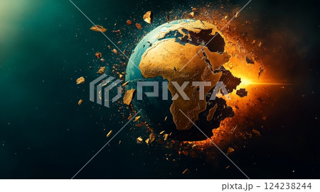 Shattered Globe Depicting Global Crises Digital Art Abstract Dark Environment Concept of Fragility 124238244