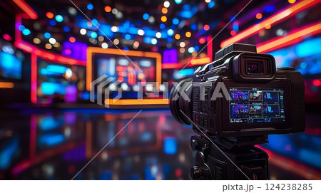 Modern Television Studio Setup Dynamic Camera Focus & Colorful Lights Modern Television Studio Setup Dynamic Camera Focus & Colorful Lights 124238285