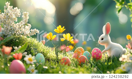 Whimsical Easter Bunny Hiding Colorful Eggs in Enchanted Garden Whimsical Easter Bunny Hiding Colorful Eggs in Enchanted Garden 124238292