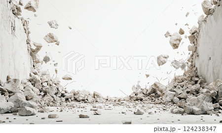 Broken concrete wall with scattered rubble and exposed rebar, symbolizing destruction 124238347