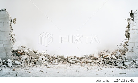 Broken concrete wall with scattered rubble and exposed rebar, symbolizing destruction 124238349