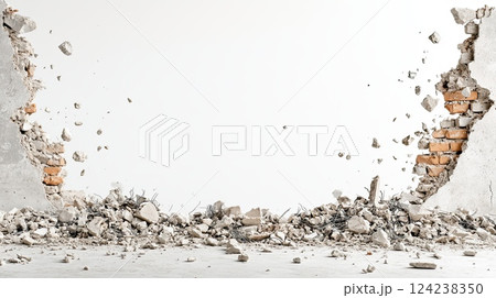 Broken concrete wall with scattered rubble and exposed rebar, symbolizing destruction 124238350