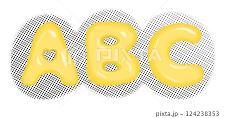 Bubble glossy 3 letters ABC in English, vector 3D yellow font on dotted halftone background. Print for teachers, journalists, students, writers, schoolchildren Bubble glossy 3 letters ABC in English, vector 3D yellow font on dotted halftone background. Print for teachers, journalists, students, writers, schoolchildren 124238353