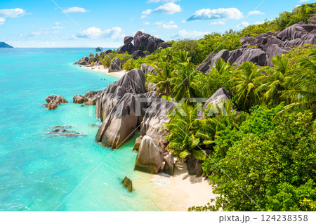 Anse Source D'Argent - the most beautiful beach of Seychelles. La Digue Island, Seychelles Anse Source D'Argent - the most beautiful beach of Seychelles. La Digue Island, Seychelles 124238358