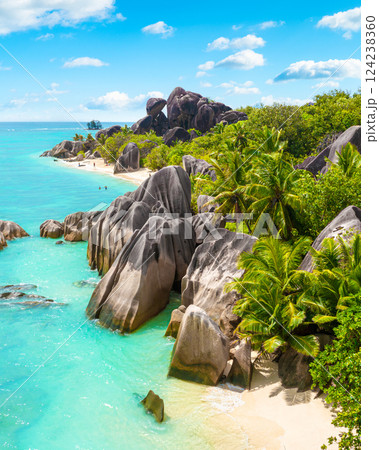 Anse Source D'Argent - the most beautiful beach of Seychelles. La Digue Island, Seychelles Anse Source D'Argent - the most beautiful beach of Seychelles. La Digue Island, Seychelles 124238360