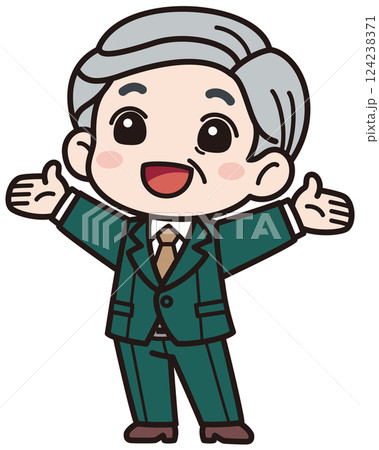 スーツを着た高齢の男性が目を開けて両手を大きく広げているベクターイラスト／影なしシンプル 124238371