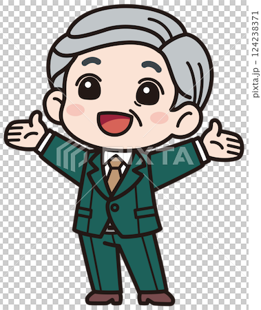 スーツを着た高齢の男性が目を開けて両手を大きく広げているベクターイラスト／影なしシンプル 124238371