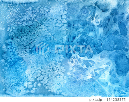 Blue abstract art background. Winter Christmas background, hand-drawn. Icy texture. Watercolor illustration. A frozen window. 124238375