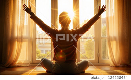 Young man meditating and stretching hands towards sunlight by the window 124238484