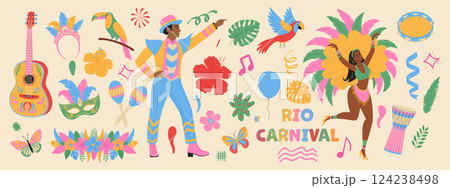 Set of Brazilian carnival elements. Masks, bird, dancing people in costume, guitar, garland. Trendy collection Set of Brazilian carnival elements. Masks, bird, dancing people in costume, guitar, garland. Trendy collection 124238498
