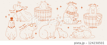 Funny capybara set with text. Set of rodents relaxing in barrel, drinking coffee, playing. Pencil or charcoal drawing. Hand drawn vector illustration. Funny capybara set with text. Set of rodents relaxing in barrel, drinking coffee, playing. Pencil or charcoal drawing. Hand drawn vector illustration. 124238501