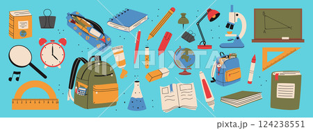 Set of school supplies. Backpack, books, magnifying glass, alarm clock, microscope, pencil case, eraser, globe. Hand drawn illustration. 124238551