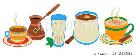 Boza, salep, coffee, ayran. Set of traditional turkish drinks. Hand drawn vector illustration. 124238552