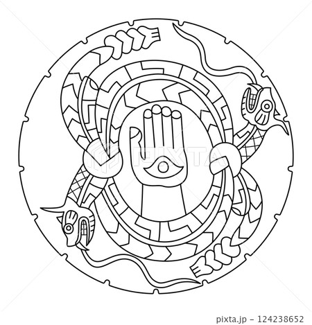 The Rattlesnake Disk from Moundville, Alabama. Engraved ceremonial stone palette, illustrating two horned rattlesnakes coiling around a healing left hand. Created between 11th and 16th century. The Rattlesnake Disk from Moundville, Alabama. Engraved ceremonial stone palette, illustrating two horned rattlesnakes coiling around a healing left hand. Created between 11th and 16th century. 124238652