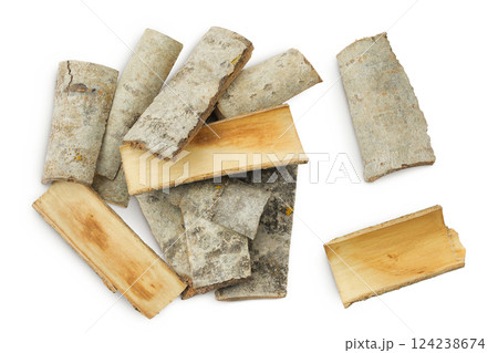 piece of aspen bark isolated on white background. Top view, flat lay 124238674