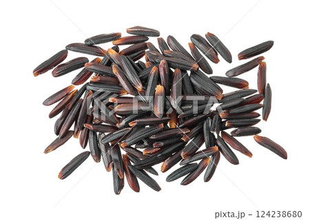 Black wild rice isolated on white background close up. Top view. Flat lay Black wild rice isolated on white background close up. Top view. Flat lay 124238680