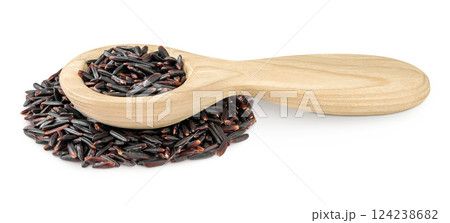 Black rice in wooden spoon isolated on white background with full depth of field 124238682