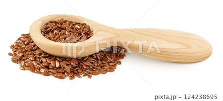 flaxseed in wooden spoon isolated on white background. 124238695