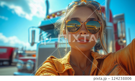 Female Truck Driver Taking a Selfie in Front of Her Gleaming Semi-Truck, Exuding Confidence and Pride, with Reflections of the Blue Sky and Vehicles at a Truck Stop 124238806