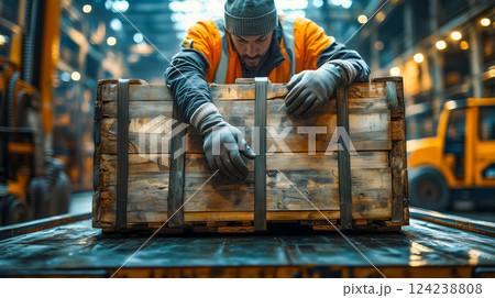 Truck Driver Securing a Large Wooden Crate onto the Flatbed of a Semi-Truck Using Industrial Straps, Wearing Gloves and a High-Visibility Vest, with an Industrial Warehouse in the Background 124238808