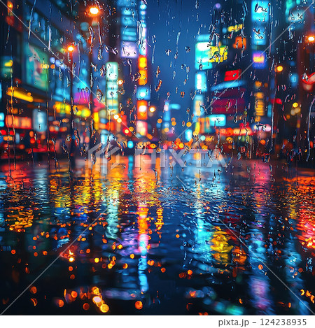 Rainy city night: Vivid reflections of colorful lights create a dreamy, blurred cityscape. 124238935