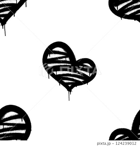 Seamless pattern of sprayed heart with overspray in black over white. Vector illustration. 124239012