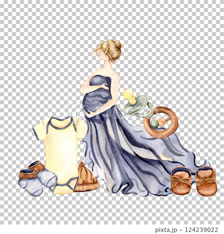 Watercolor illustration of a pregnant woman in a flowing blue dress with baby essentials 124239022