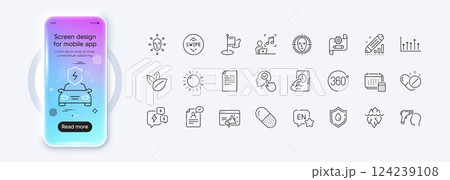 Seo marketing, Blood donation and Music line icons for web app. Phone mockup gradient screen. Pack of Organic product, Capsule pill, Growth chart pictogram icons. Vector 124239108