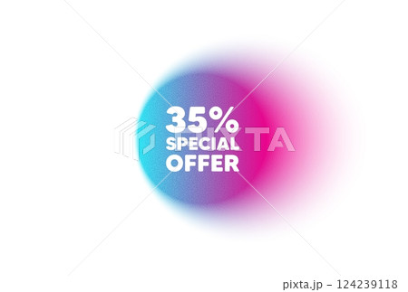 Color neon gradient circle banner. 35 percent discount offer tag. Sale price promo sign. Special offer symbol. Discount blur message. Grain noise texture color gradation. Vector 124239118