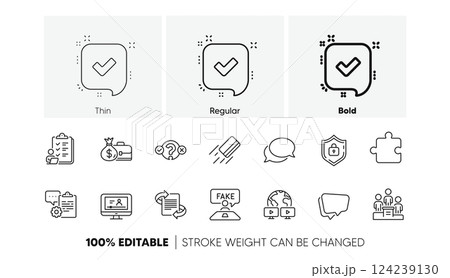 Puzzle, Quiz test and Online video line icons. Pack of Checklist, Confirmed, Fake review icon. Shield, Messenger, Credit card pictogram. Video conference, Marketing, Clipboard. Line icons. Vector 124239130