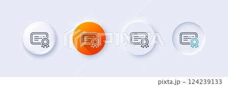 Certificate line icon. Neumorphic, Orange gradient, 3d pin buttons. Verified document sign. Accepted or confirmed symbol. Line icons. Neumorphic buttons with outline signs. Vector 124239133