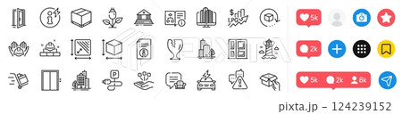 Square area, Construction bricks and Open door line icons pack. Social media icons. Technical algorithm, Charging parking, Fragile package web icon. Vector 124239152