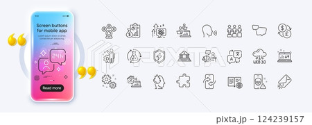 Currency exchange, Internet book and Video conference line icons for web app. Phone mockup gradient screen. Pack of Speech bubble, Consulting, Puzzle pictogram icons. Vector 124239157