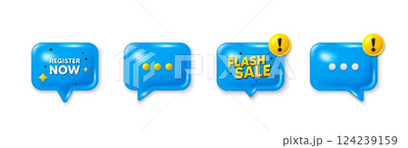 Offer speech bubble 3d icons. Register now tag. Free registration offer. Create an account message. Register now chat offer. Flash sale, danger alert. Text box balloon. Vector 124239159