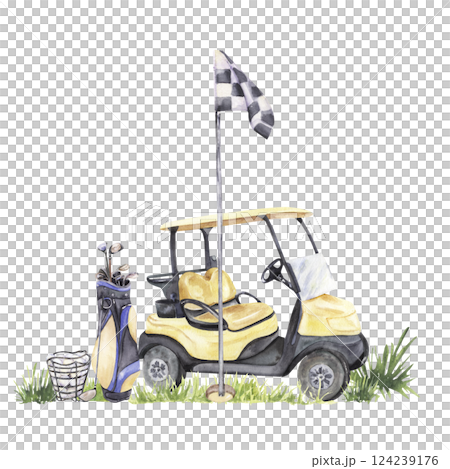 A golf cart parked near a checkered flag, with a golf bag, clubs, and a ball 124239176