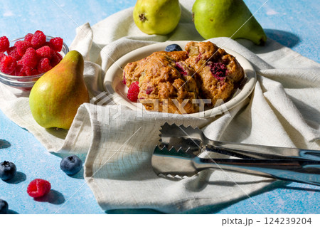 Pear and raspberry scones. Fresh pastries. 124239204