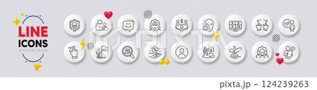 Headshot, Team work and Move gesture line icons. White buttons 3d icons. Pack of Face accepted, Video conference, Touchscreen gesture icon. Loan percent, Smile chat, Meeting pictogram. Vector Headshot, Team work and Move gesture line icons. White buttons 3d icons. Pack of Face accepted, Video conference, Touchscreen gesture icon. Loan percent, Smile chat, Meeting pictogram. Vector 124239263