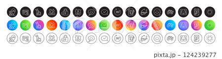 Tractor, Waterproof and Food delivery line icons. Round icon gradient buttons. Pack of Luggage belt, Smile, Gps icon. Hdd, Reject file, Security lock pictogram. Vector Tractor, Waterproof and Food delivery line icons. Round icon gradient buttons. Pack of Luggage belt, Smile, Gps icon. Hdd, Reject file, Security lock pictogram. Vector 124239277