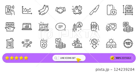 Chat, Tips and Phone download line icons for web app. Pack of Discount, Express delivery, Teamwork pictogram icons. Oil barrel, Heart, Inspect signs. Locked app, Handshake, Shipment. Vector 124239284