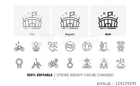 Bicycle parking, Mountain flag and Winner line icons. Pack of Fisherman, Stop fishing, Reward icon. E-bike, Maggots, Change clothes pictogram. Yoga, Arena, Yoga balance. Medal. Line icons. Vector 124239295