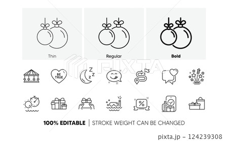 Tanning time, Christmas ball and Journey line icons. Pack of Carry-on baggage, Fireworks stars, Discounts ribbon icon. Carousels, Give present, Heart pictogram. Be true, Gifts. Line icons. Vector 124239308