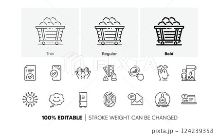 Yoga, New mail and Smile line icons. Pack of Coal trolley, Fingerprint, Graph chart icon. Refrigerator, Painter, Stress pictogram. Approved phone, Approved document, Online help. Line icons. Vector 124239358