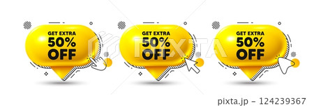 Chat speech bubble 3d icons. Get Extra 50 percent off Sale. Discount offer price sign. Special offer symbol. Save 50 percentages. Extra discount chat offer. Speech bubble banners. Vector Chat speech bubble 3d icons. Get Extra 50 percent off Sale. Discount offer price sign. Special offer symbol. Save 50 percentages. Extra discount chat offer. Speech bubble banners. Vector 124239367