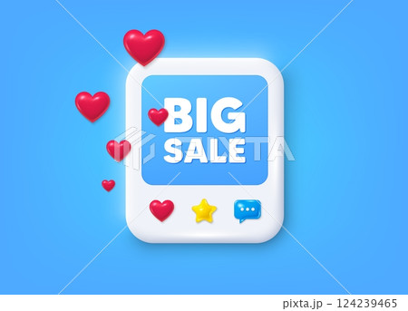 Social media post 3d frame. Big Sale tag. Special offer price sign. Advertising Discounts symbol. Big sale message frame. Photo banner with hearts. Like, star and chat icons. Vector Social media post 3d frame. Big Sale tag. Special offer price sign. Advertising Discounts symbol. Big sale message frame. Photo banner with hearts. Like, star and chat icons. Vector 124239465