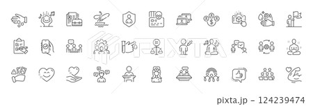 Consulting business, Strong arm and Ethics line icons. Pack of Wash hands, Team work, Donation money icon. Fraud, Employees talk, Conversation messages pictogram. Oculist doctor. Line icons. Vector 124239474