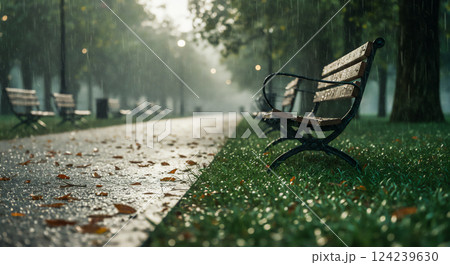雨の日の憂愁、誰もいない公園のベンチ 124239630