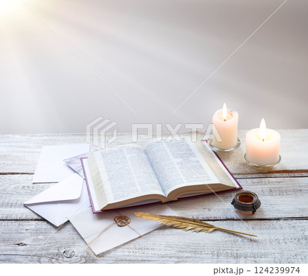 Bible on white wooden table Bible on white wooden table 124239974
