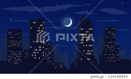 Night time cityscape pixel background. High buildings silhouette with moon, stars and clouds. 2d pixel video game nighttime with modern skyscrapers in city. Night time cityscape pixel background. High buildings silhouette with moon, stars and clouds. 2d pixel video game nighttime with modern skyscrapers in city. 124240043