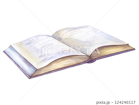 An open book lying on a white background is hand-drawn. Watercolor illustration of a diary with many pages. 124240117