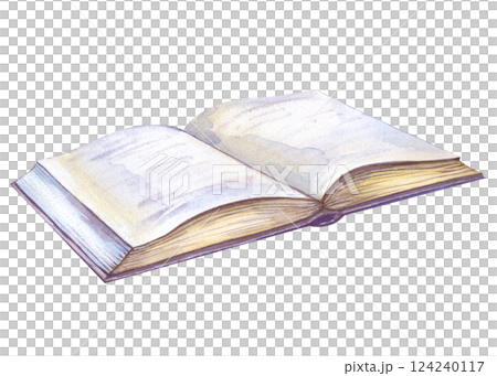 An open book lying on a white background is hand-drawn. Watercolor illustration of a diary with many pages. 124240117
